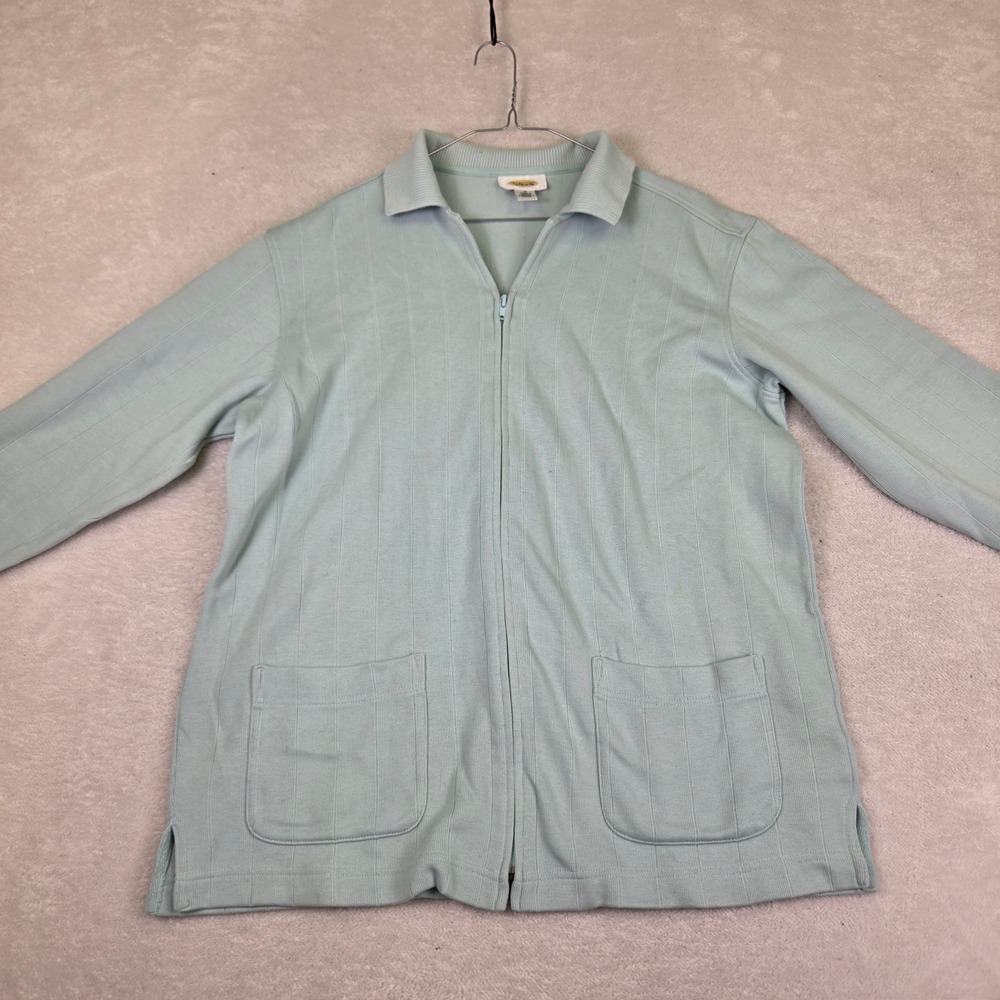 Talbots Womens Medium Light Blue Zip Front Collared Ribbed Knit Cardigan Sweater
